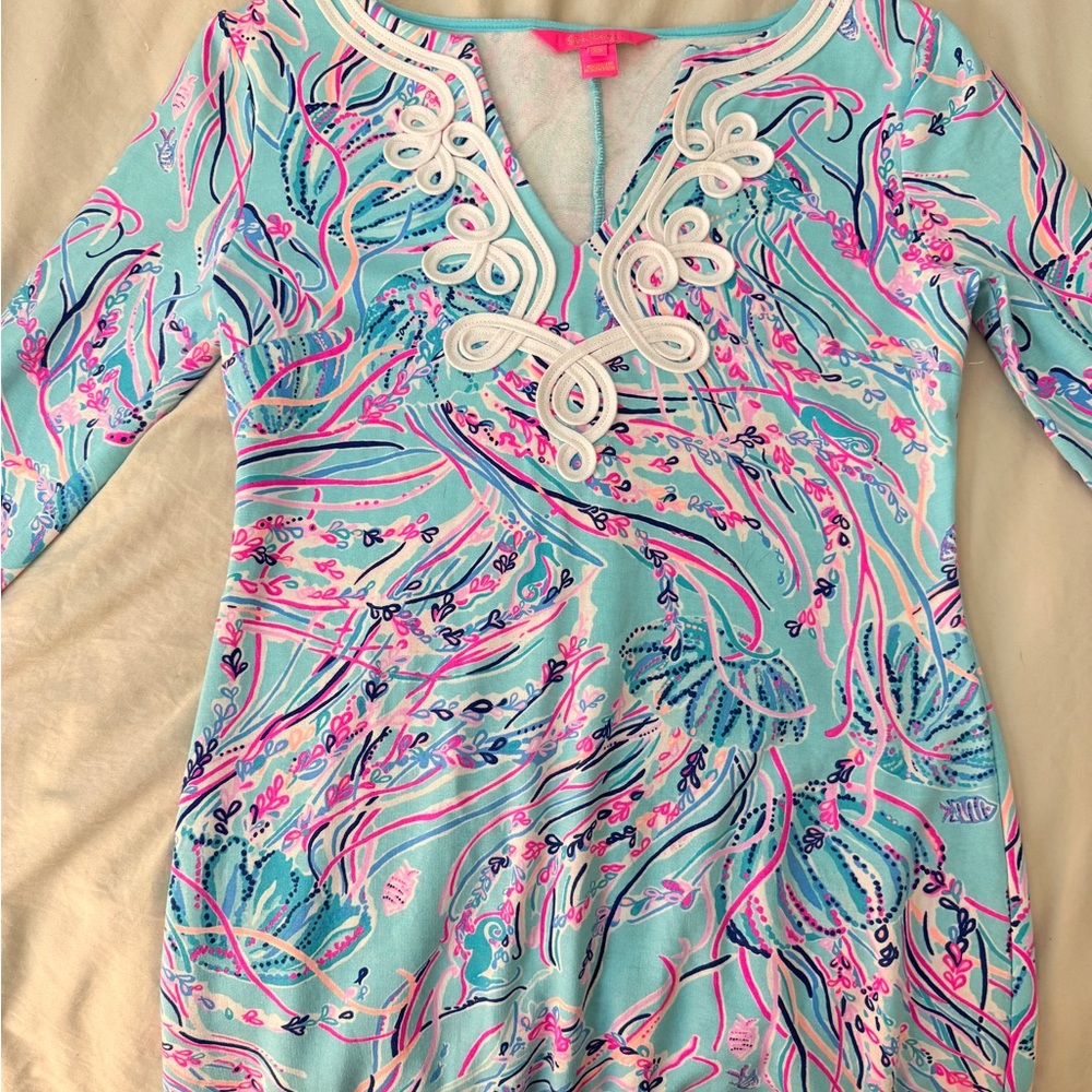 Lilly Pulitzer Turquoise and Pink Printed Dress with White Embroidered Trim